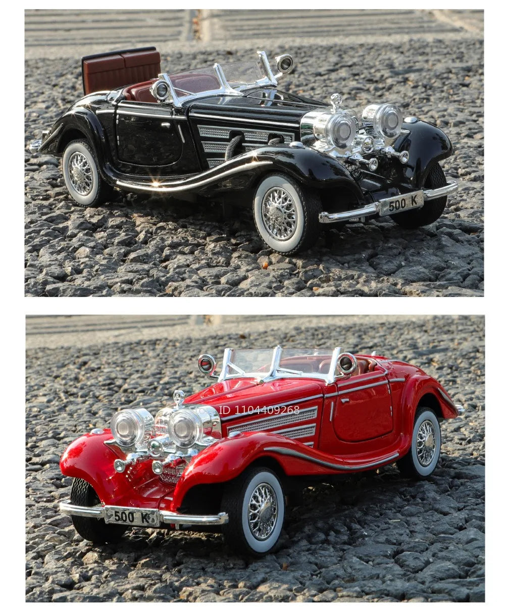 1:32 500K 300SL Vintage Car Model Toy Shock Absorption Alloy Diecast Vehicle Models Sound Light Pull Back Collection Gifts