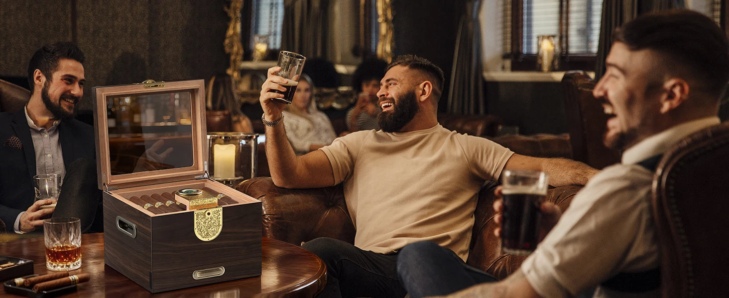 Cigar Humidor, Cedar Wood Cigar Box, Includes Leather Cigar Case, Cigar Tube, Digital Hygrometer and 2 Humidifiers, Gift Set