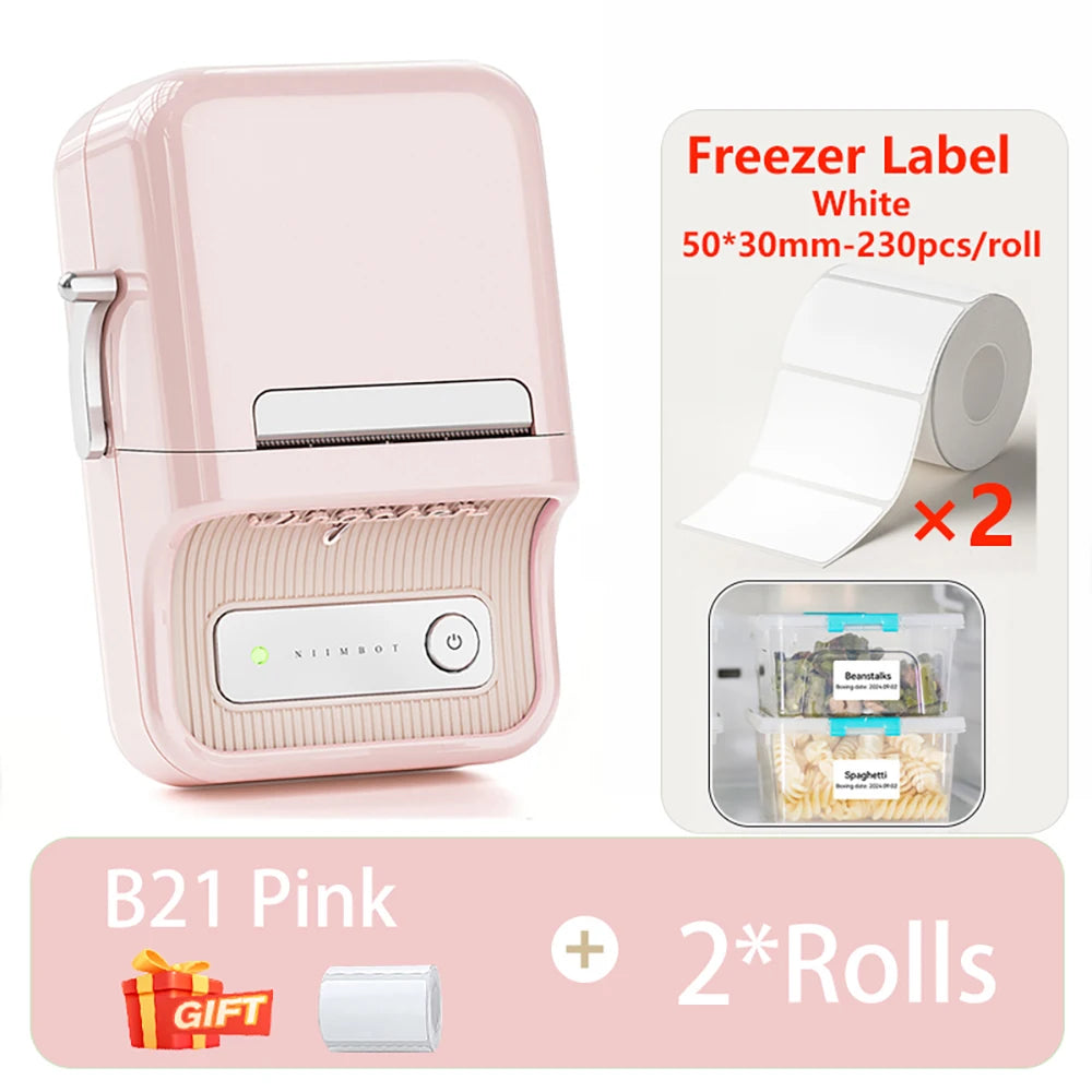 B21 Kitchen Label Printer, Bluetooth Wireless Thermal Label Maker 20–50mm, Inkless Freezer Sticker Printer for Home & Food Storage