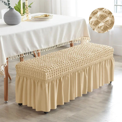 Stretch Long Bench Cover with Skirt Seersucker Ottoman Covers Elastic Piano Stool Protector Bedroom Bedside Footrest Slipcovers