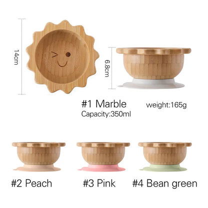 Baby Wooden Tableware Set Sun Bamboo Wooden Plate Bowl Silicone Suction Wooden Handle Fork Spoon for Newborn Feeding Supplies