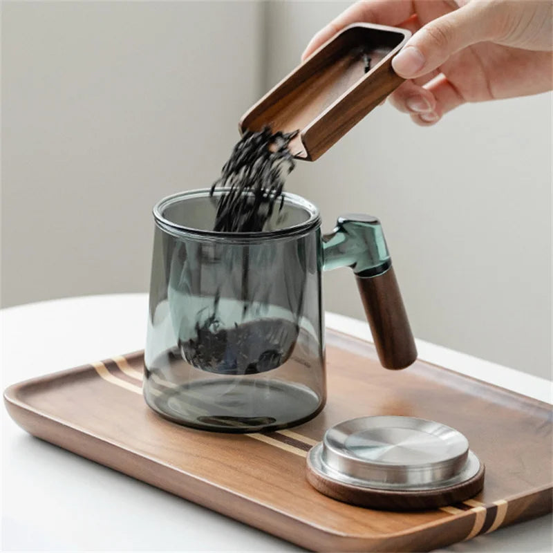 400ml Walnut Wooden Handle Lid Filter Glass Tea Cup Tea Water Separation Scented Tea Cup Office Flower Tea Separation Tea Mug