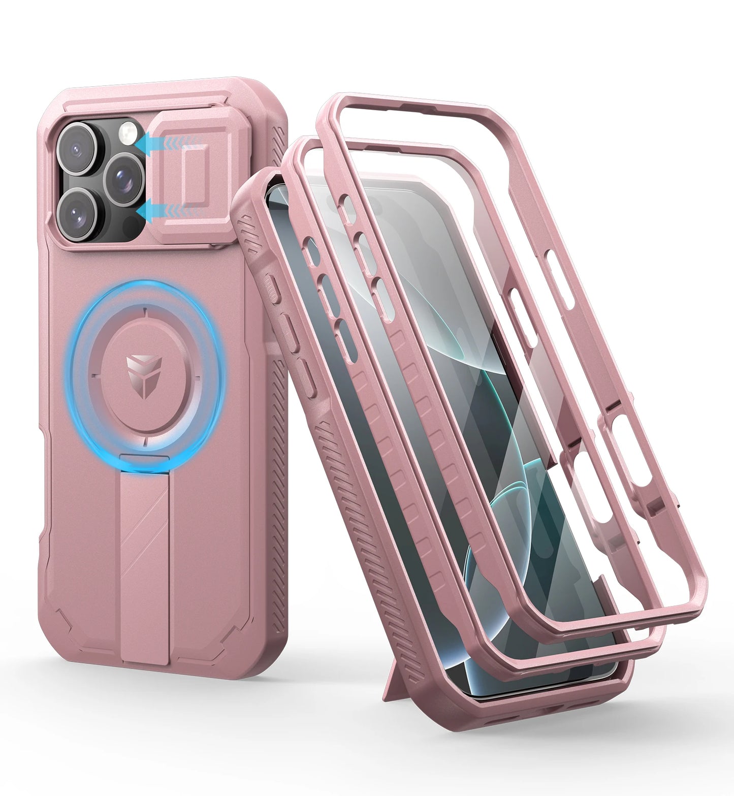 For iPhone 16 Pro Max Rugged Armor Shockproof Case with Built-in Sliding Camera Cover and Built-in Screen Protector Kickstand