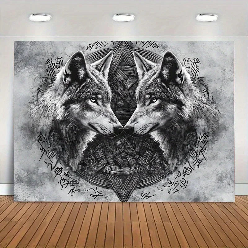 Dark Twin Wolf Totem Tapestry Mysterious Geometric Patterns Dark Style Bedroom Unique Living Room Feature Wall Decor