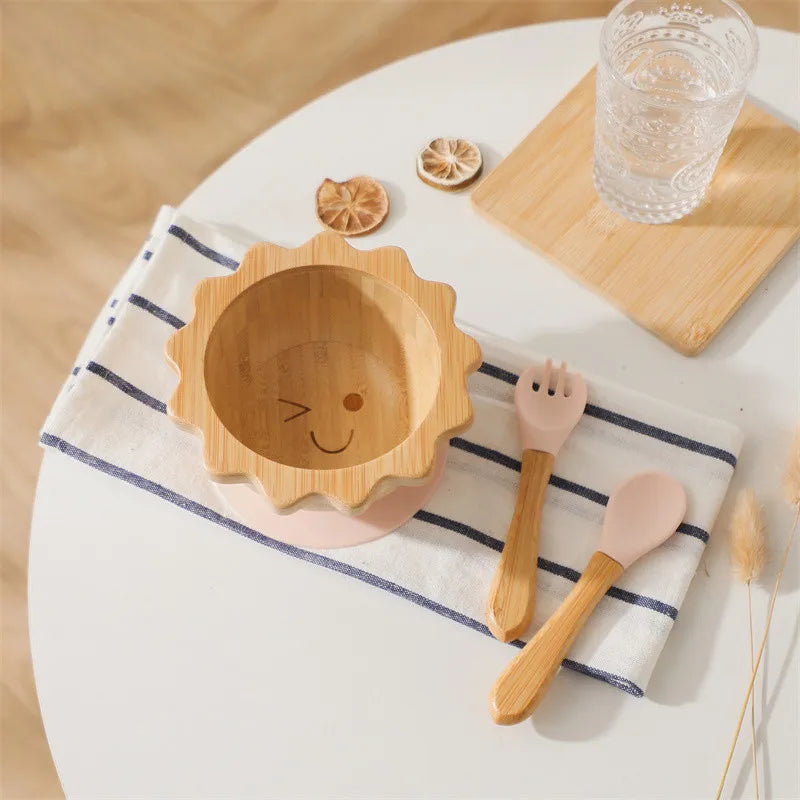 Baby Wooden Tableware Set Sun Bamboo Wooden Plate Bowl Silicone Suction Wooden Handle Fork Spoon for Newborn Feeding Supplies