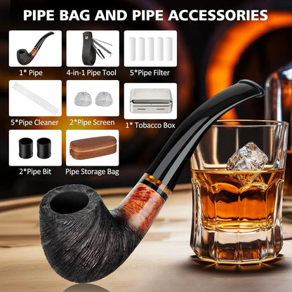 Pipe Set with PU Leather Pouch, Wood Pipe with 4-in-1 Pipe Stand Holder and Pipe Accessories, Beginner Pipe Kit