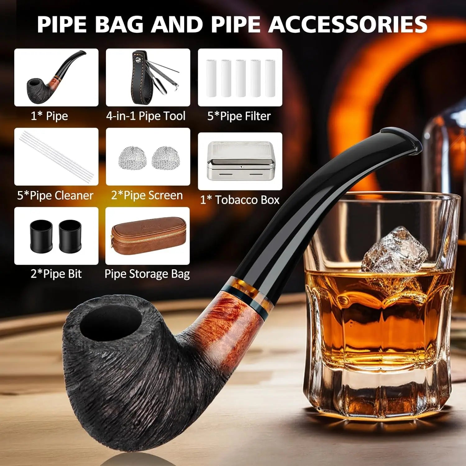 Smoking Pipe Set with PU Leather Pouch,Wood Pipe with 4-in-1 Pipe Stand Holder and Pipe Accessories,Beginner Pipe Kit