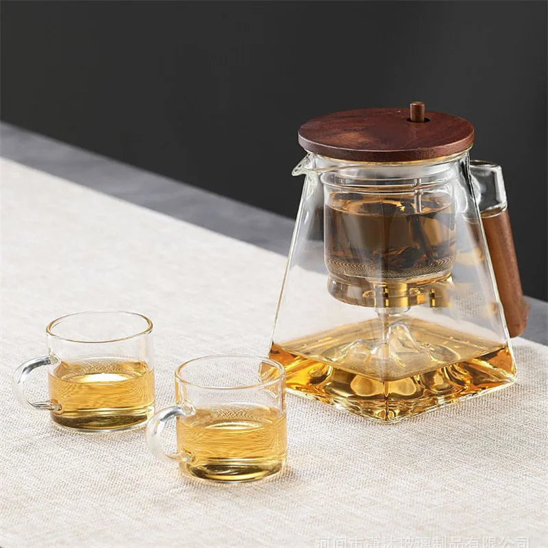 One Click Tea Separation Filtration Bottom Mountain View Glass Teapot With Wood Handle 700ml Kungfu Tea Water Separation Tea Pot