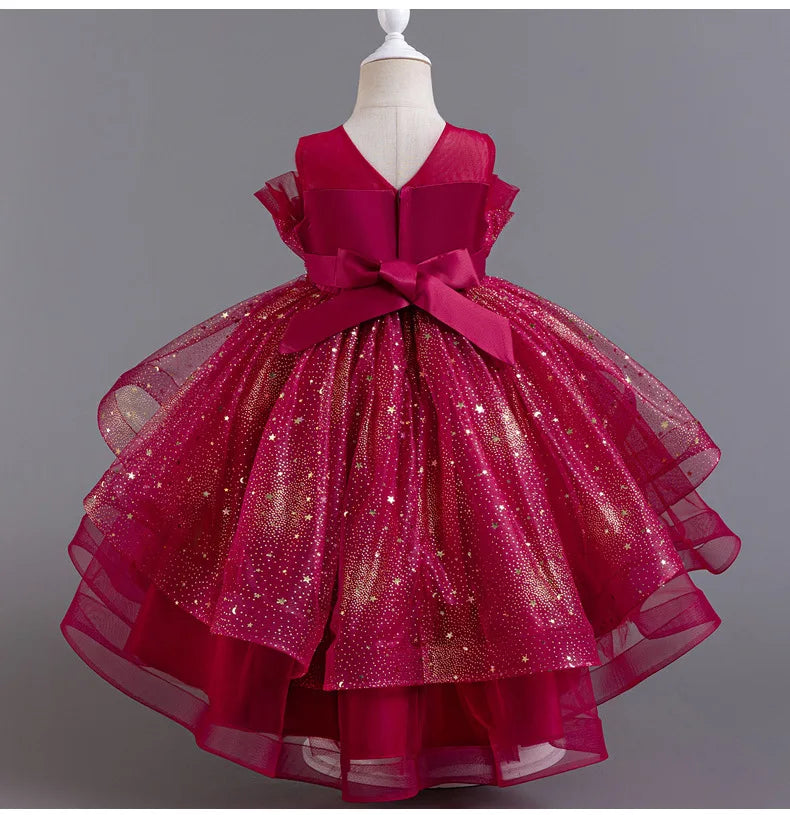 Elegant Girls' Performance Gown - Sleeveless Tulle Dress with Train for Piano Recital & Walk Show