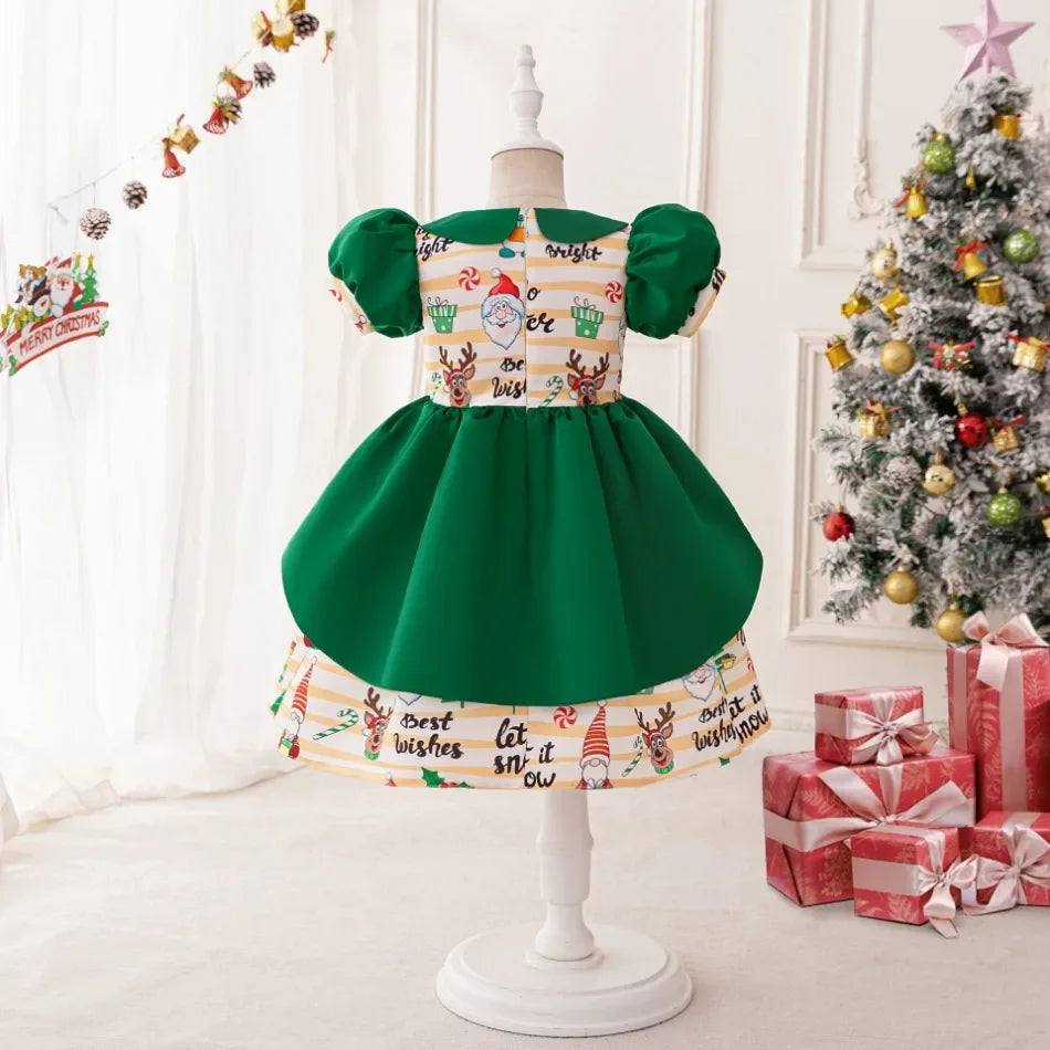 Girls Elegant Dresses Santa Claus Snowflake Print Child Christmas Costume Red Green Kids Princess Dress Party Evening Clothing