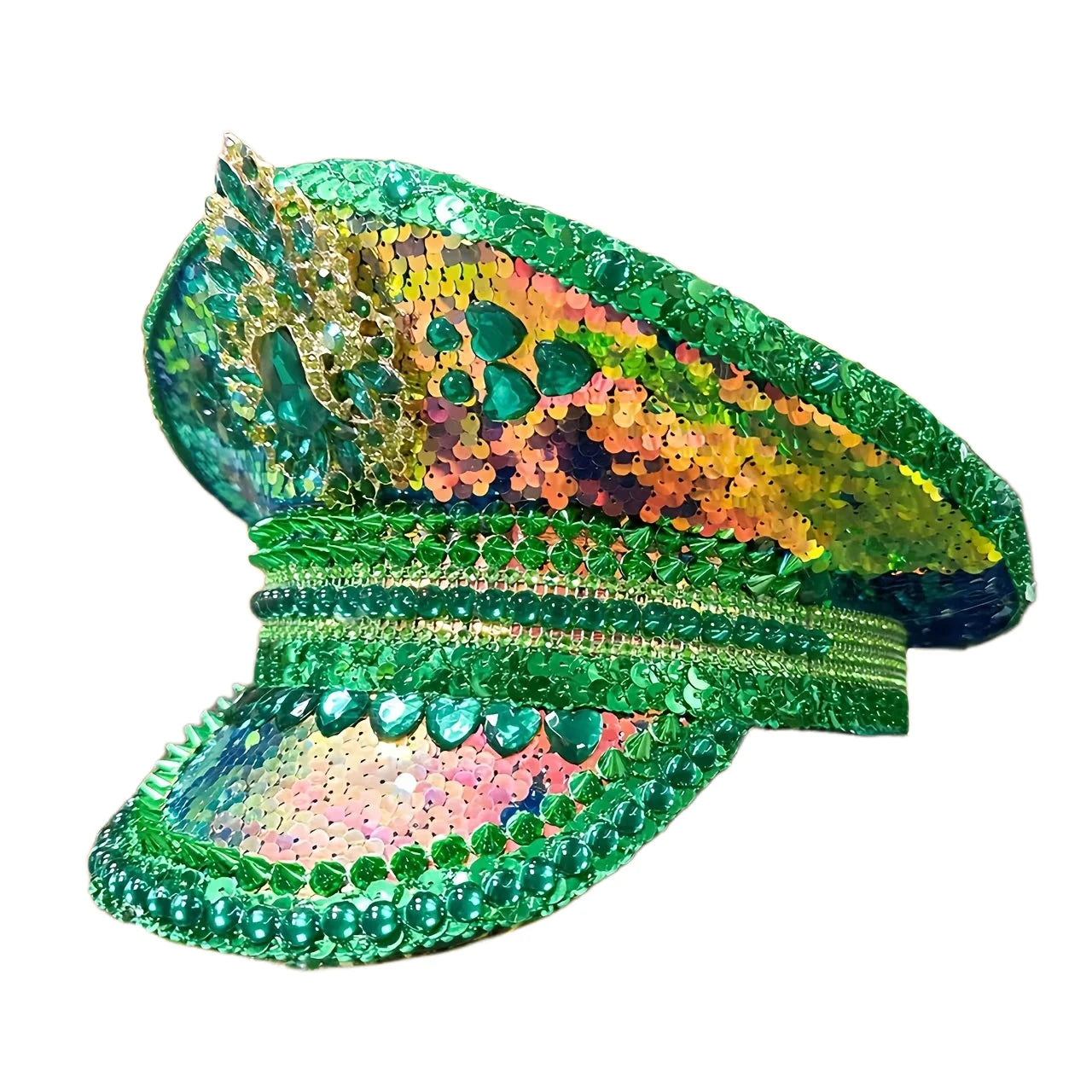 Green Rhinestone Wedding Festival Captain Hat Masquerade Military Cap Handmade Luxury Mucis Festiva lHen Do Hat Sergeant Hat