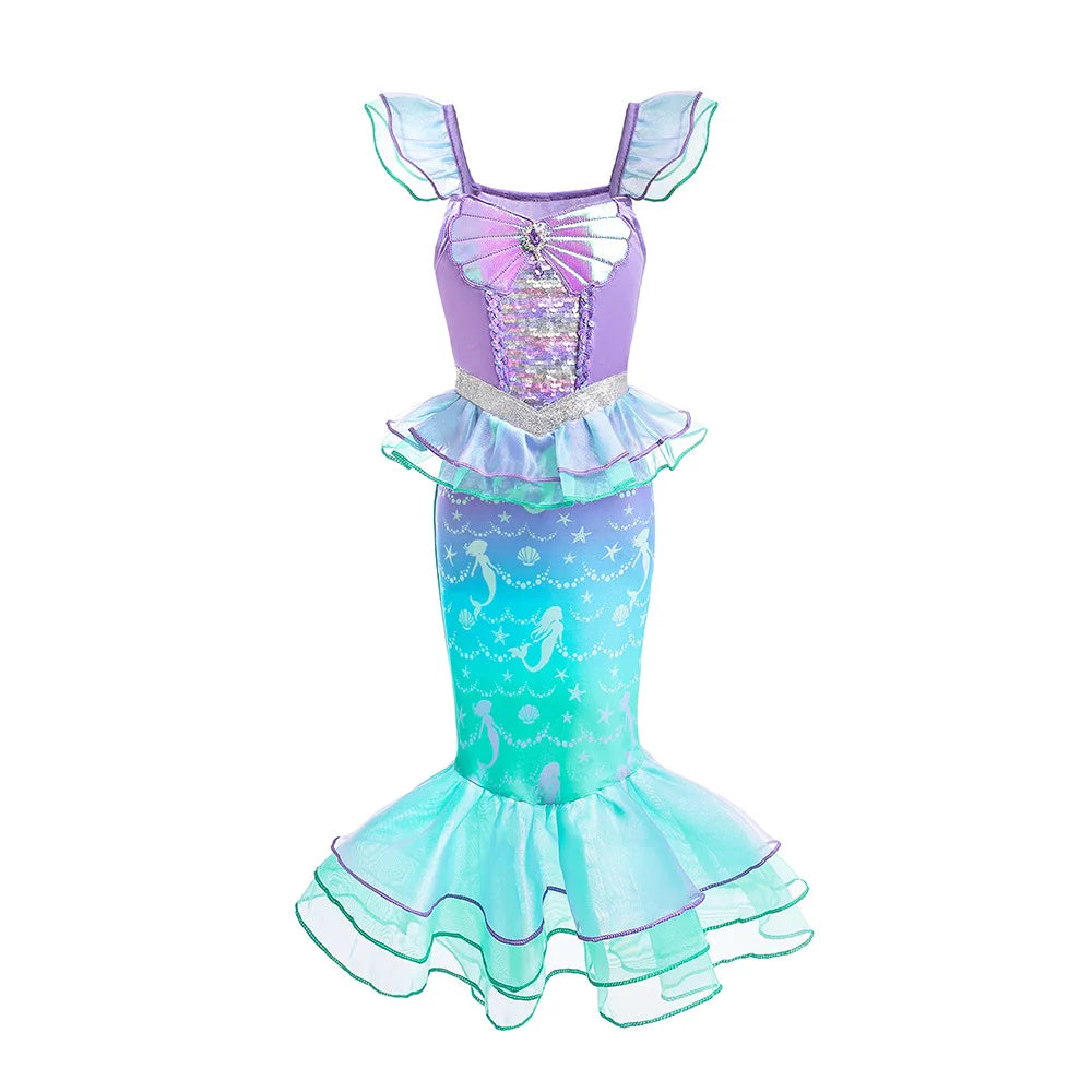 Mermaid Princess Dress for Girls - Summer flutter sleeves Sequin Tulle Dress Sparkling Ocean Themed Party Gown