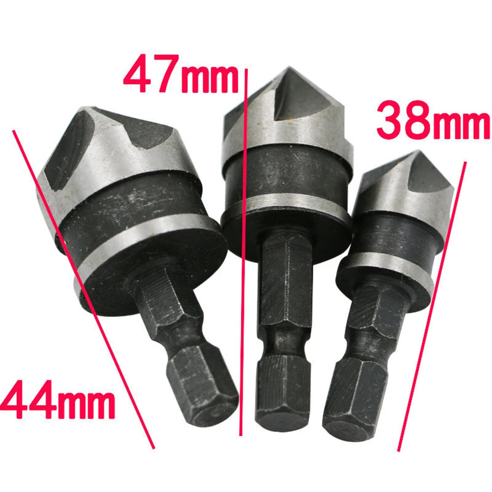 3pcs 90 Degree Hexagonal Handle 12/16/19mm 5-Flute Chamfering Tool Set WoodWorking Drill Bit Cutter Countersink Drill Bit Set