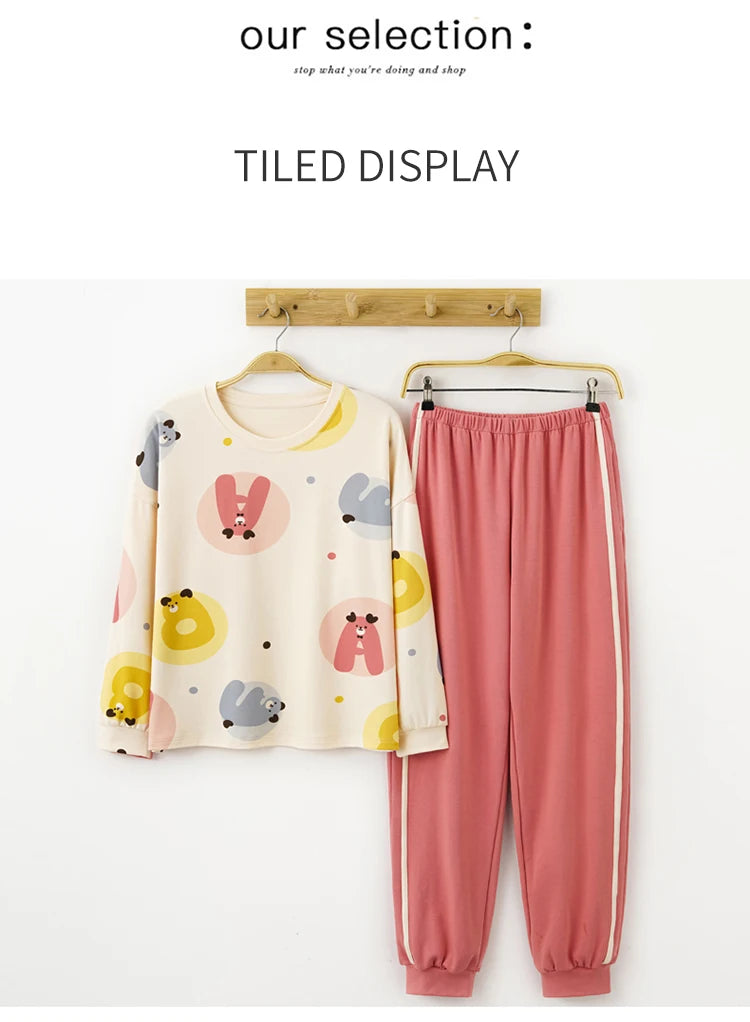 Women’s Cute Lazy Style Cotton Pajama Set – Soft, Loose Long Sleeves & Pants