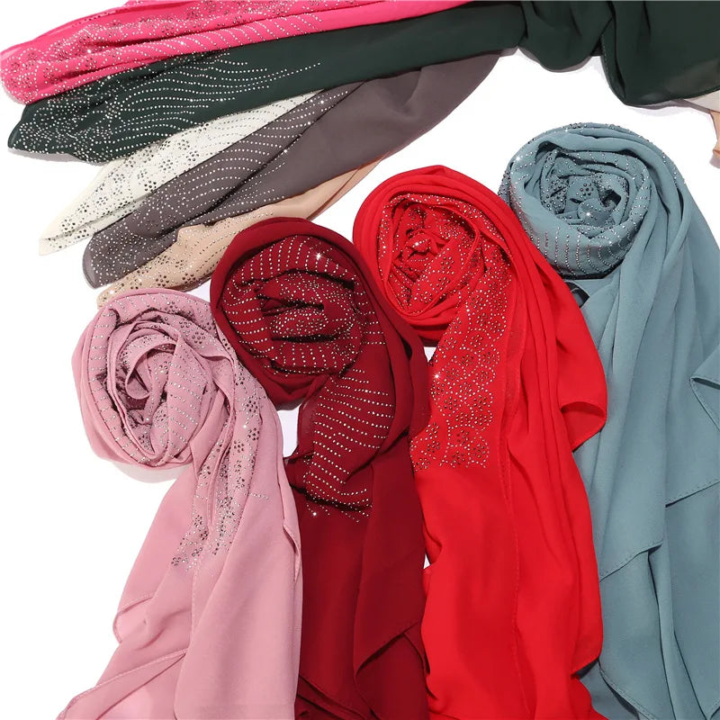 Tassel Diamond Muslim Hijabs Luxury Sequin Chiffon Scarf For Women Dress Abaya Hijab Veil Scarf Long Shawls Turban