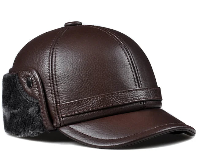 Winter Men's  Hat Thicken Leather Cowhide Baseball Caps With Ears Warm Snapback