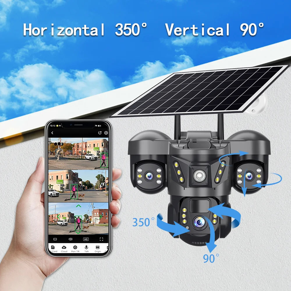 Solar Camera 4G Sim Card 15MP Outdoor 3 Lens 3 Screen PIR Human Detect Network IP Cameras Night Vision CCTV Security Protection