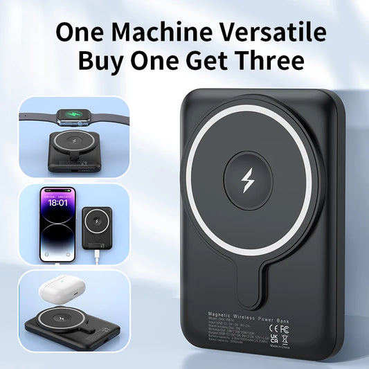 Portable Magnetic Power Bank 5000mAh 3-in-1 Wireless 15W Fast Charing Battery for iPhone 17 16 15 14 13 12 Pro Watch Airpods