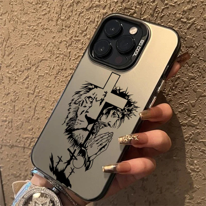 Cross Pattern Bicolor Lion Phone Case For iPhone 14 15 16 Pro Max Shockproof Anti Fall Back Cover