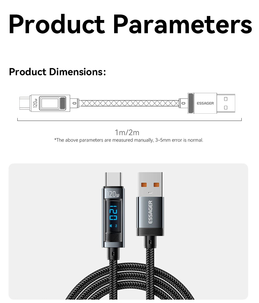 120W USB Type-C to Type-C Fast Charging Cable with LED Display