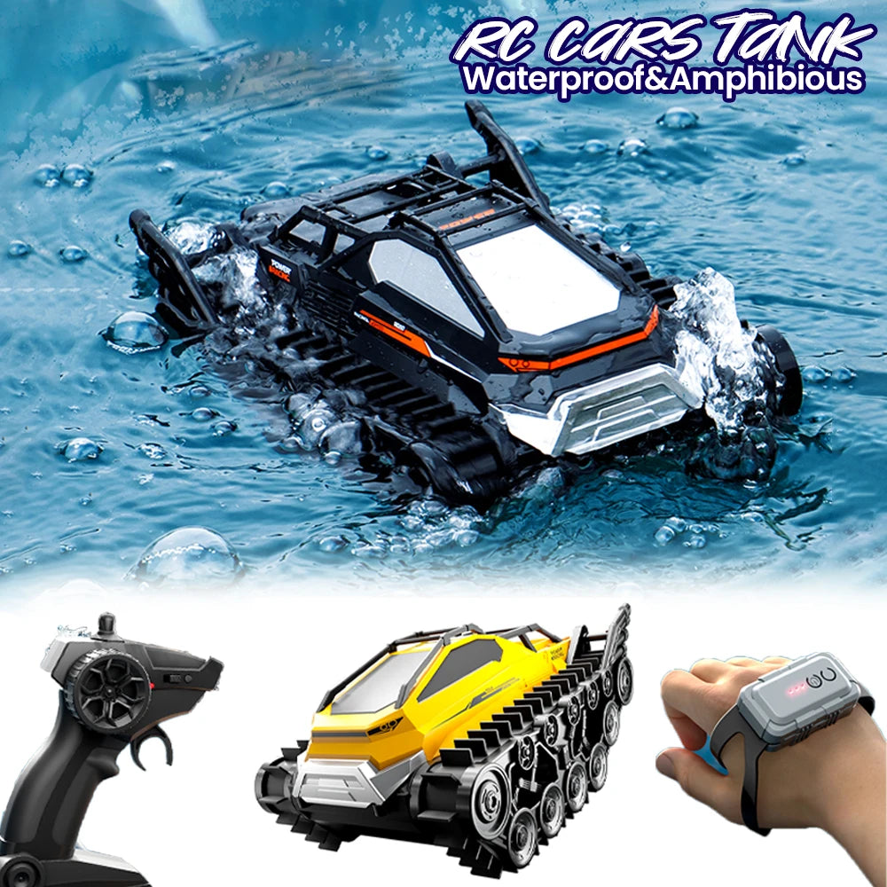 Rc Cars Tank Waterproof Amphibious Water Land All Terrain Tracked Tank Remote Control Crawler Vehicle Outdoor Cars Toy for Boys