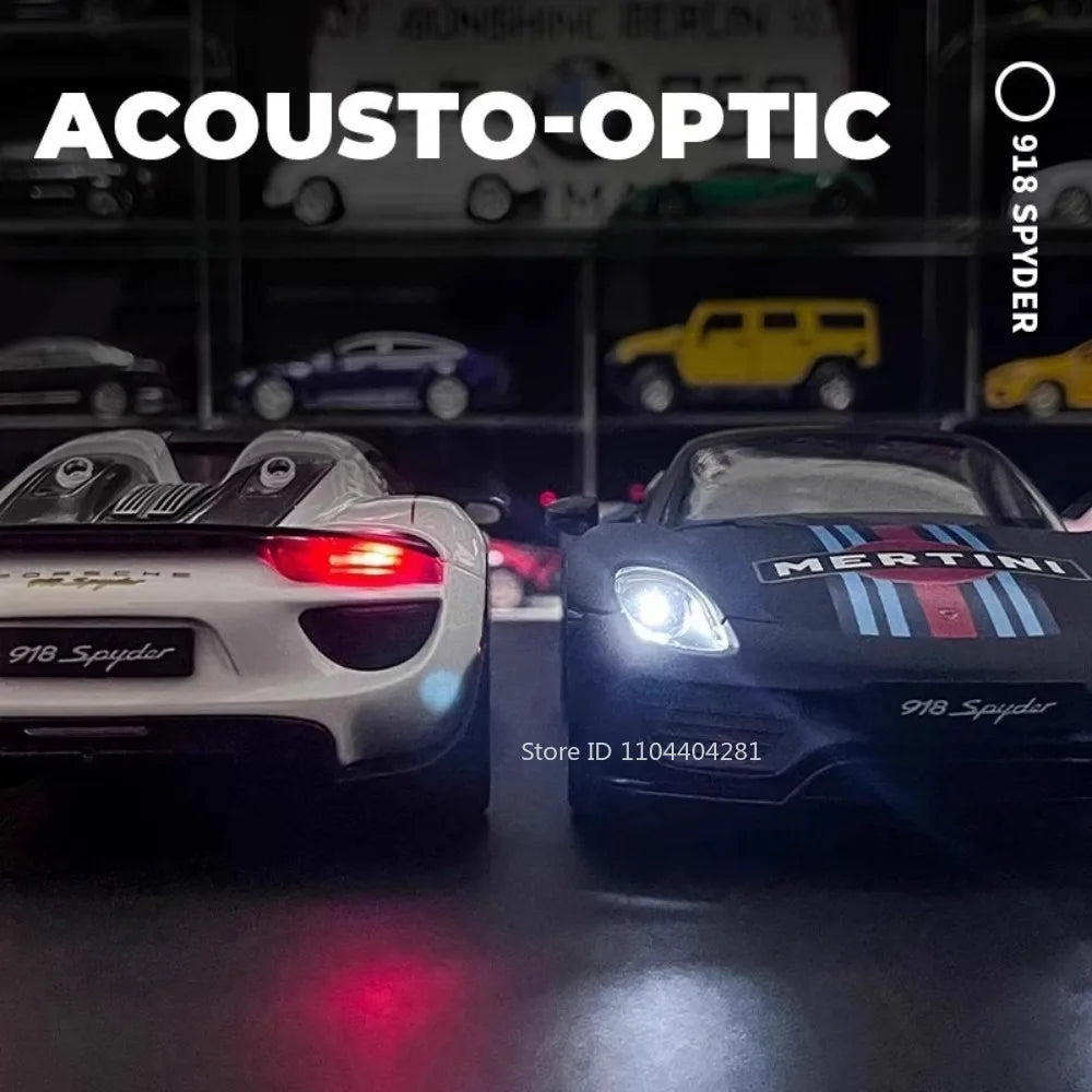 1:18 918 Spyder Martini Pagani Huayra Diecast Alloy Model Toys Car Doors Opened with Sound Light Miniature Vehice Adult Boy Gift