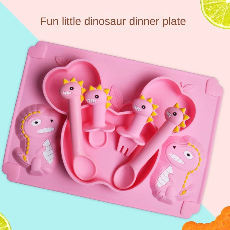 BPA Free Silicone Baby Feeding Set Cartoon Dinosaur Plate with Straw Suction Bowl Spoon Fork Snack Cup Bibs Children Dishes