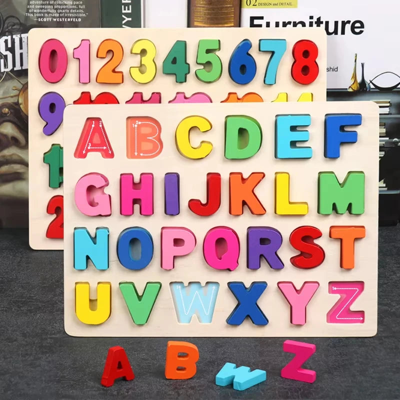 Montessori  Wooden Puzzle Toys  Cognitive Letter Number Hand Grab Puzzle Board Early Educational Toys for 2 to 4