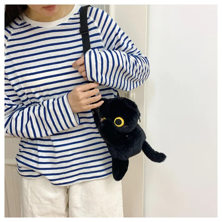 Kawaii Black Cat Plush Backpack Soft Shoulder Bag