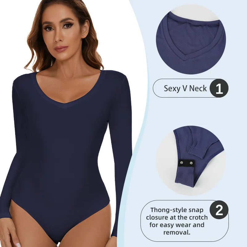 Bodysuit Women Body Shaper V Neck Slimming Jumpsuit Long-sleeved Winter Thermal Underwear Seamless Breathable Base Layer