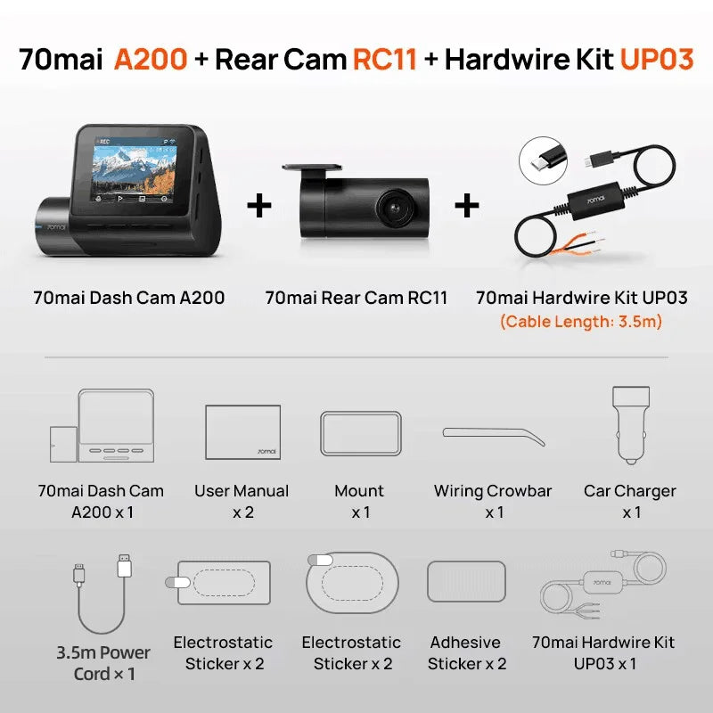 Dash Cam A200 Dual Channel 1080P HDR Car DVR – 2" IPS Screen, WiFi App Control, 130° Wide Angle, 24H Parking Monitor