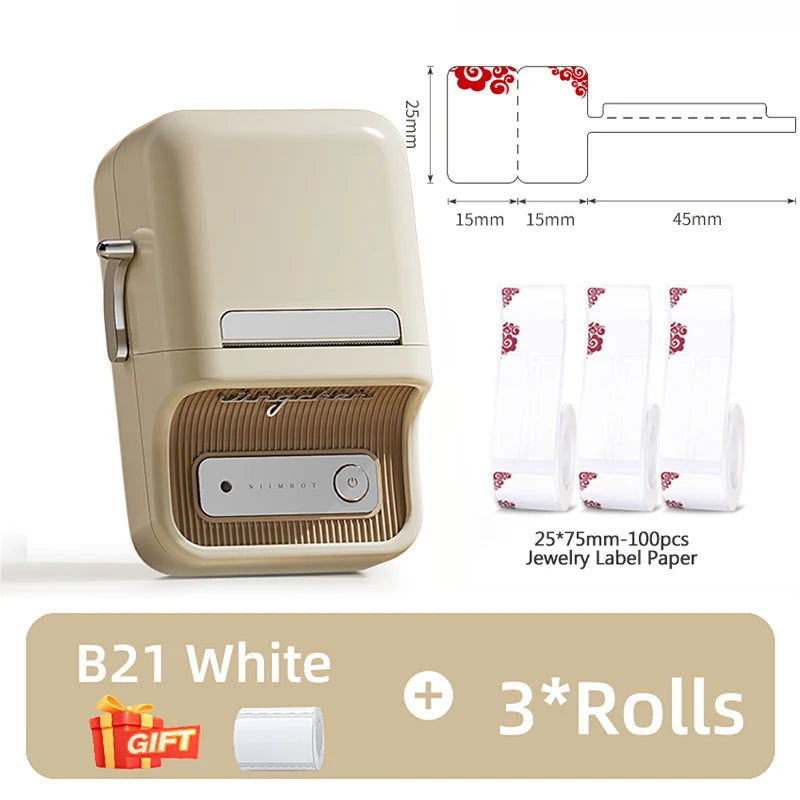 B1/B21 Jewelry Label Printer, Bluetooth Wireless Thermal Sticker Maker 20–50mm, Inkless Price Tag Label Machine for Necklace Ring Bracelet