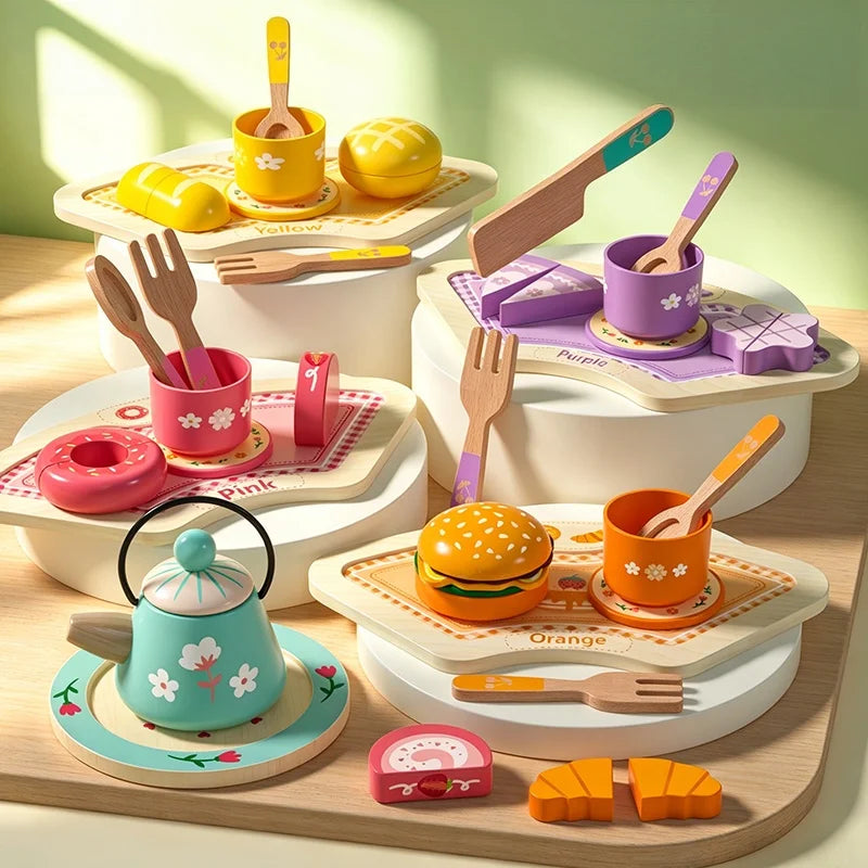 Wooden Tea Set Pretend Play Toy with Teapot and Teacups