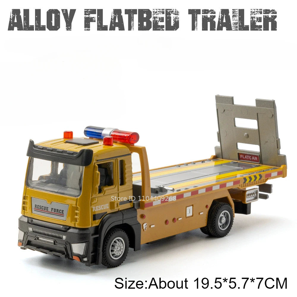 1:32 Flatbed Trailer Roadblock Transpot Truck Model Toy Alloy Diecast Vehicle Simulation Engineering Models Sound Light Gifts
