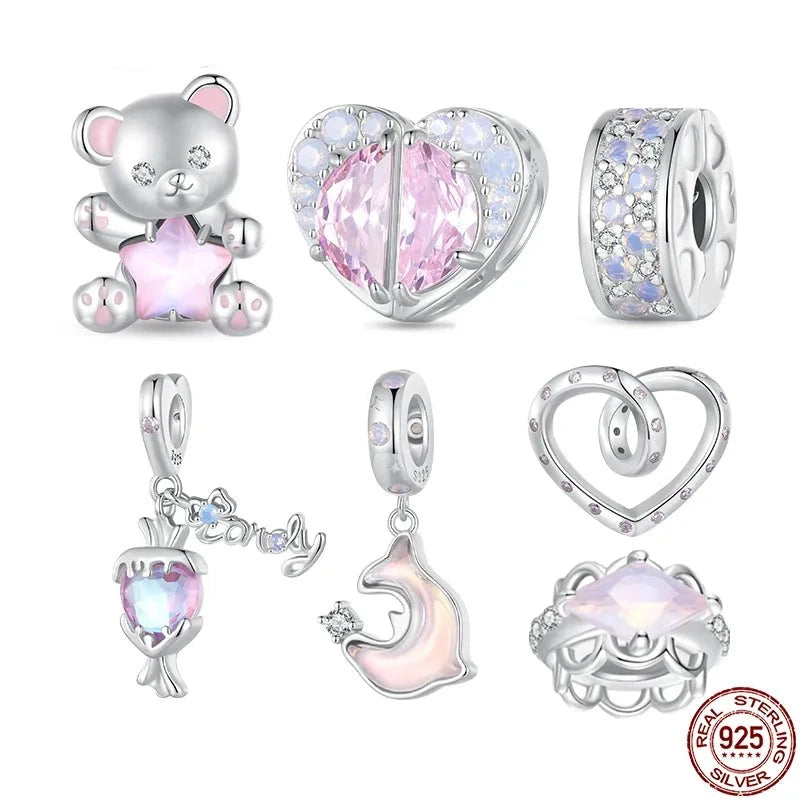 925 Sterling Silver Pink Dreamy Bear Heart Bead Candy Charms Dolphin Pendant