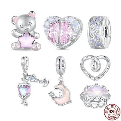 925 Sterling Silver Pink Dreamy Bear Heart Bead Candy Charms Dolphin Pendant