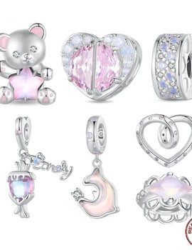 925 Sterling Silver Pink Dreamy Bear Heart Bead Candy Charms Dolphin Pendant