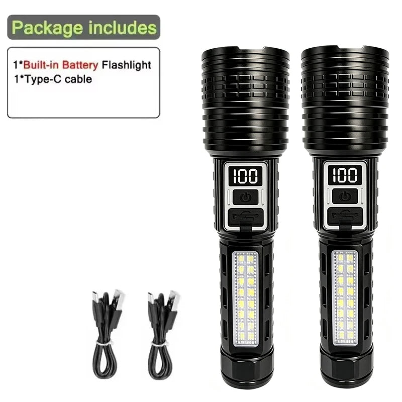 Powerful Rechargeable LED Flashlight With COB Side Light And Zoom