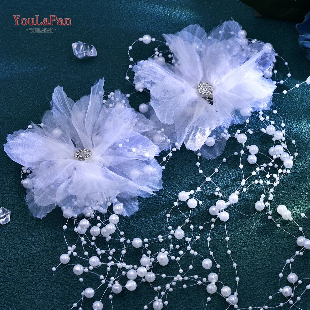 Elegant Women Bride Headwear Handmade gauze Flower Wedding Princess Headband Long Pearl Tassel Hair Accessories