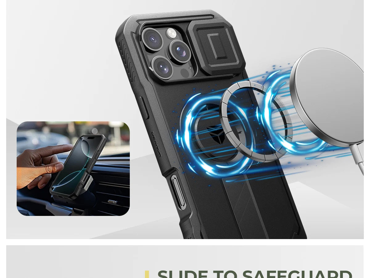 For iPhone 16 Pro Max Rugged Armor Shockproof Case with Built-in Sliding Camera Cover and Built-in Screen Protector Kickstand