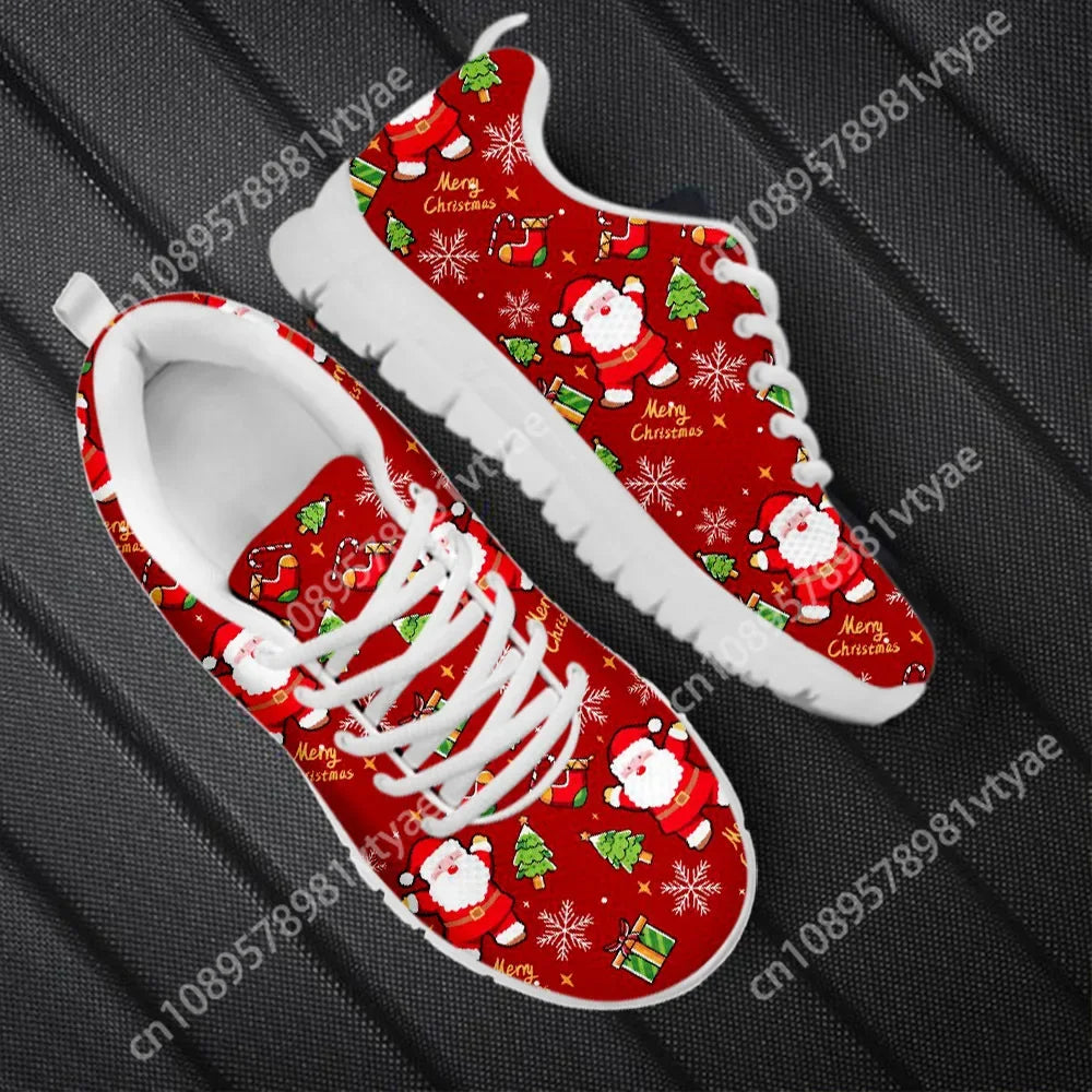 Custom Made Wear-Resistant Casual Sneakers Santa Claus Snowflake Pattern Lace up Flat Shoes Women Mens Tennis Christmas Gifts