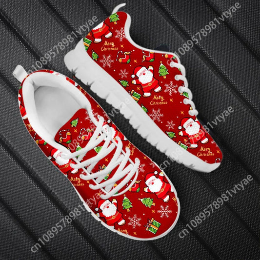 Custom Made Wear-Resistant Casual Sneakers Santa Claus Snowflake Pattern Lace up Flat Shoes Women Mens Tennis Christmas Gifts