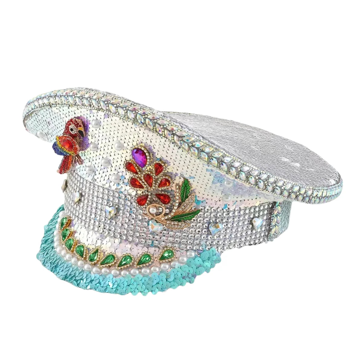 White Steampunk Rhinestone Captain Hat for Burningman Festival Woman, Vintage Military Cap for Man New Designs