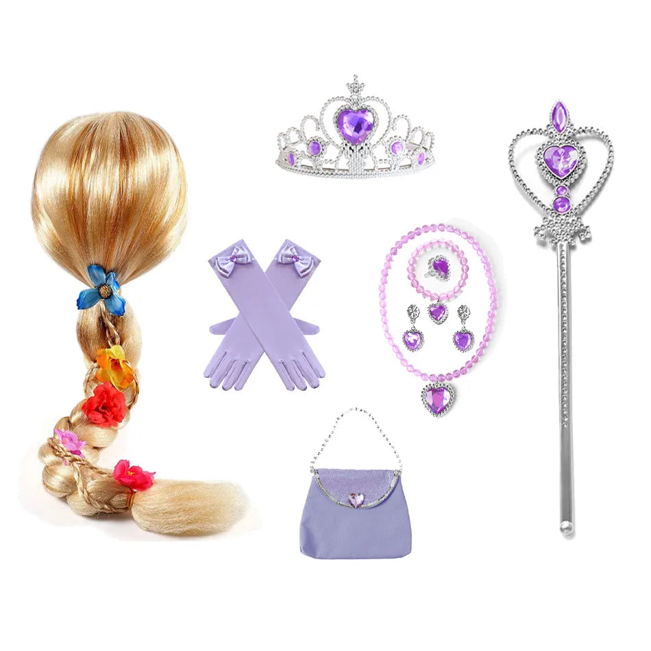 Rapunzel Princess Accessories Gloves Wand Crown Jewelry Set  Kid Wig Necklace Braid for Princess Dress Clothing Cosplay Dress UP