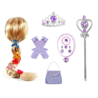 Rapunzel Princess Accessories Gloves Wand Crown Jewelry Set  Kid Wig Necklace Braid for Princess Dress Clothing Cosplay Dress UP