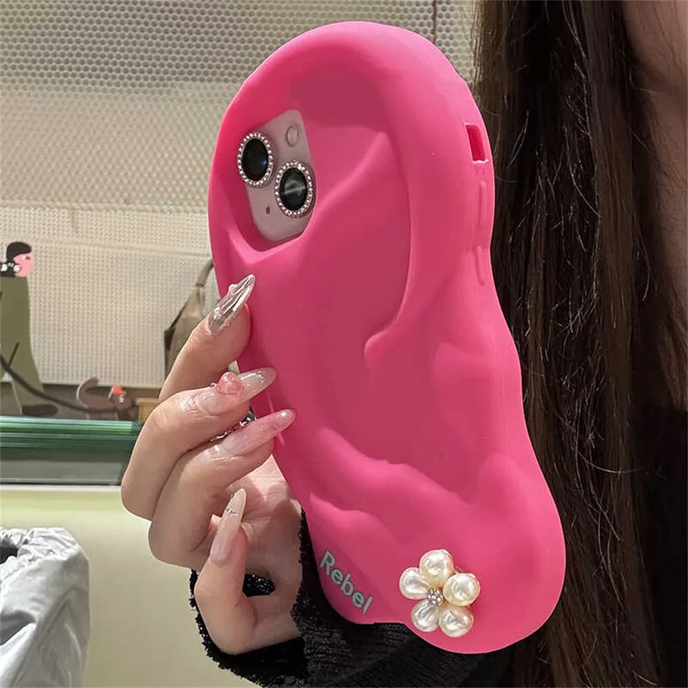 INS Cute Funny Ear Piercing Phone Case For iPhone 15 13 14 Pro Max Creative Irregular Camera Protection Soft Silicon Cover