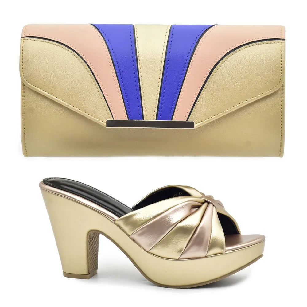 Italian Design Fashion African Women's High Heel Comfortable Shoes and Bags Set Leather Wedges Shoes for Women