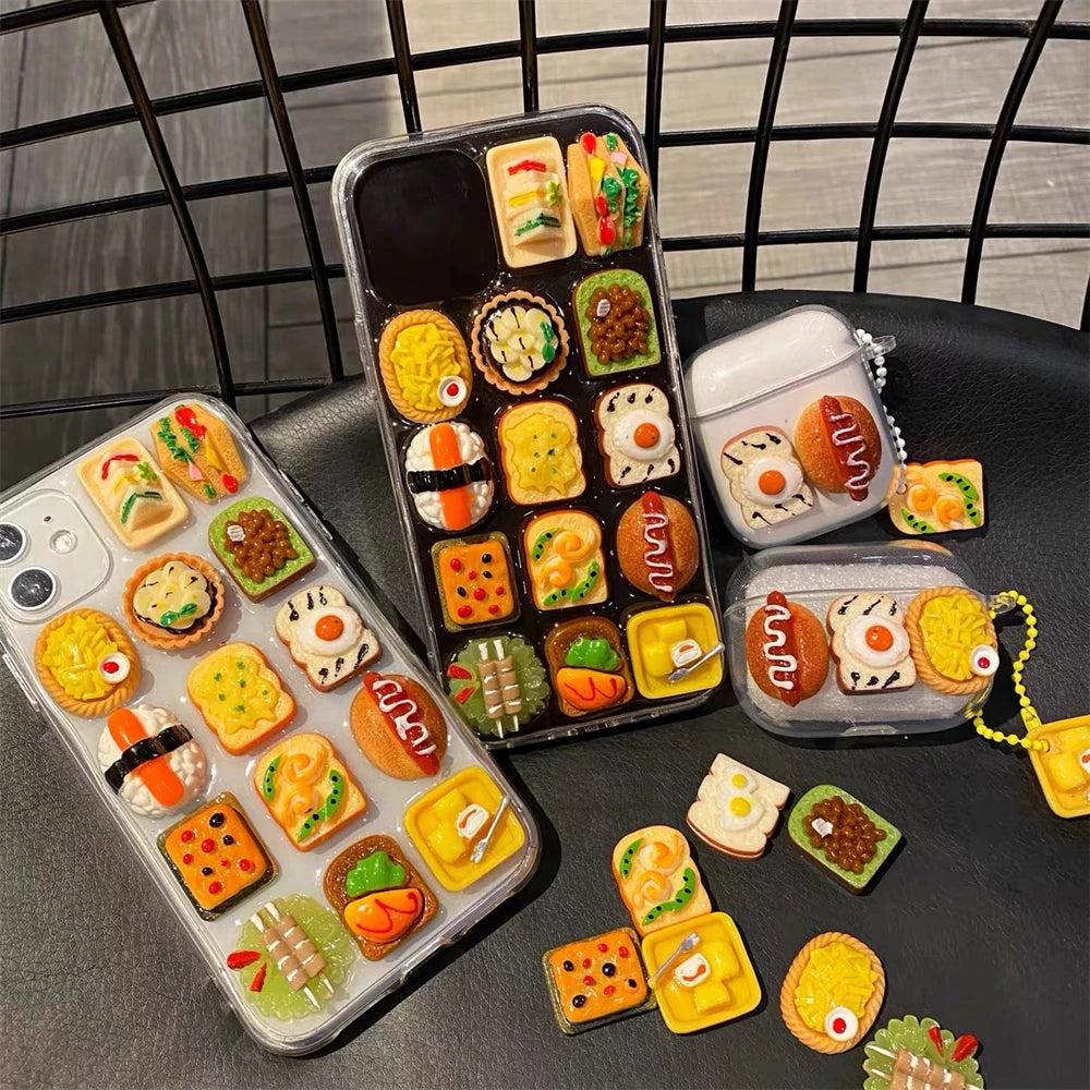 Cute 3D Food Doll Sandwich Sushi Clear Case For iPhone 16 15 14 13 Pro Max Plus Funny Hot Dog Soft Silicon Back Cover