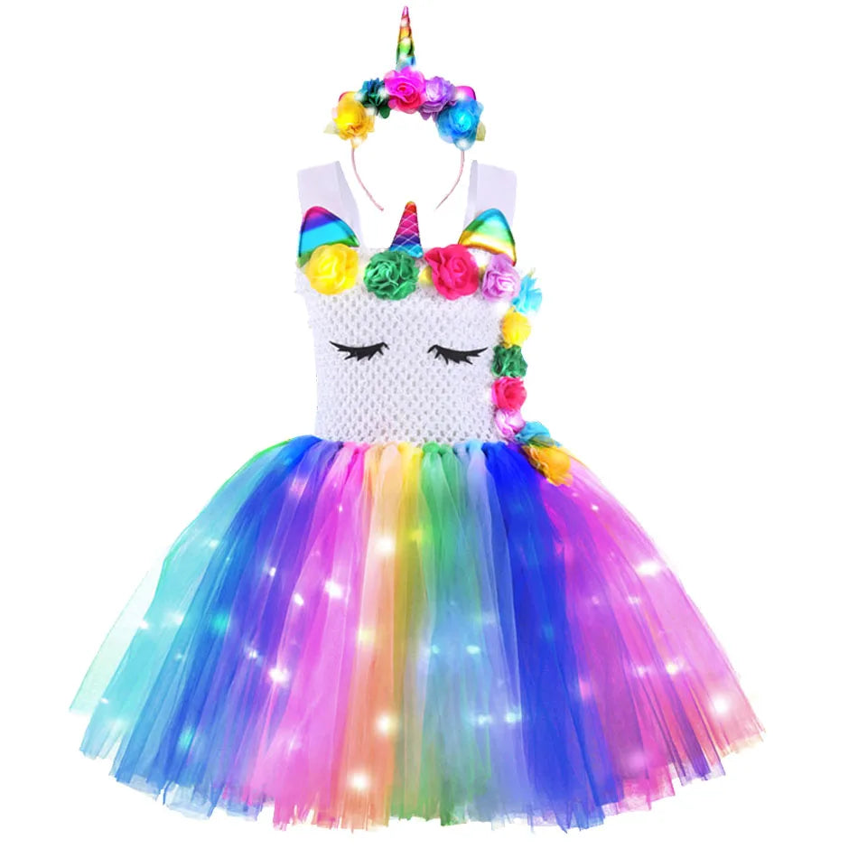 Girl Unicorn Dresses for Girls Tutu Princess Party Dresses with LED Lights Flower Birthday Party Cosplay Costume Girls Clothing