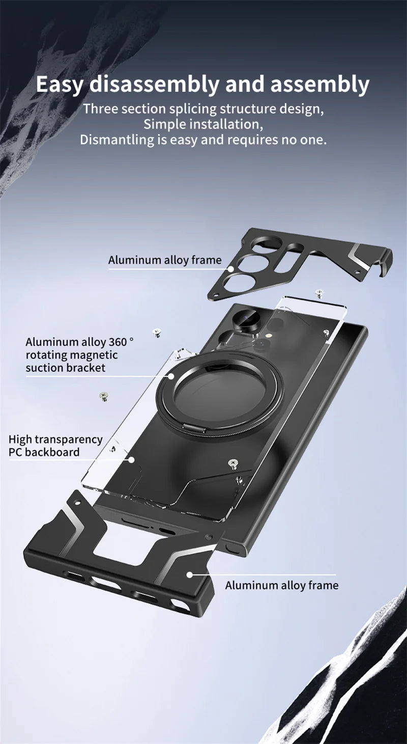 Luxury Metal 360 ° frameless Phone Case For Samsung S 24 23 Ultra Transparent Rotating Bracket Anti Drop Airbag Phone Case